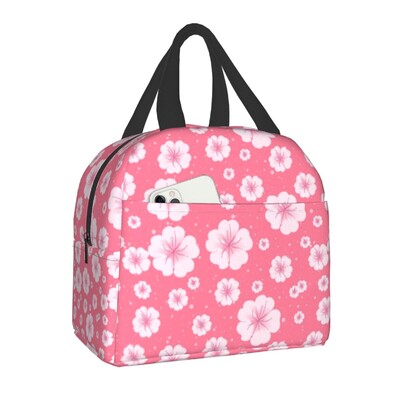 Geantă de prânz izolată cu ramuri de Sakura japoneze pentru femei, portabilă, rezistentă la apă, cu flori de cireș, cu flori de cireș, cutie termică bento