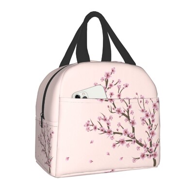 Geantă de prânz izolată cu ramuri de Sakura japoneze pentru femei, portabilă, rezistentă la apă, cu flori de cireș, cu flori de cireș, cutie termică bento