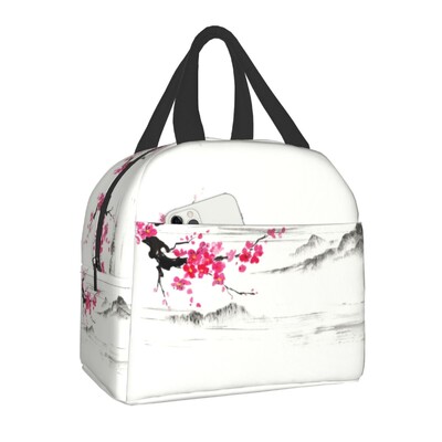 Geantă de prânz izolată cu ramuri de Sakura japoneze pentru femei, portabilă, rezistentă la apă, cu flori de cireș, cu flori de cireș, cutie termică bento