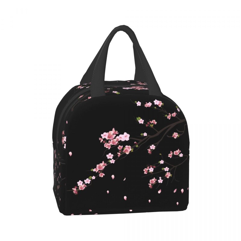 Geantă de prânz izolată cu ramuri de Sakura japoneze pentru femei, portabilă, rezistentă la apă, cu flori de cireș, cu flori de cireș, cutie termică bento