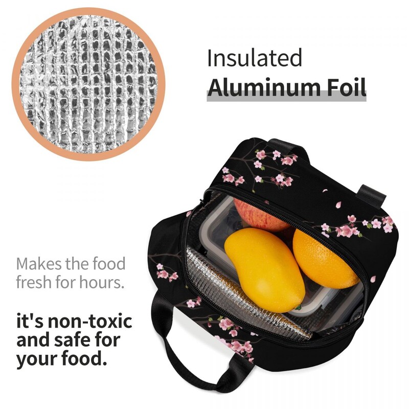 Geantă de prânz izolată cu ramuri de Sakura japoneze pentru femei, portabilă, rezistentă la apă, cu flori de cireș, cu flori de cireș, cutie termică bento