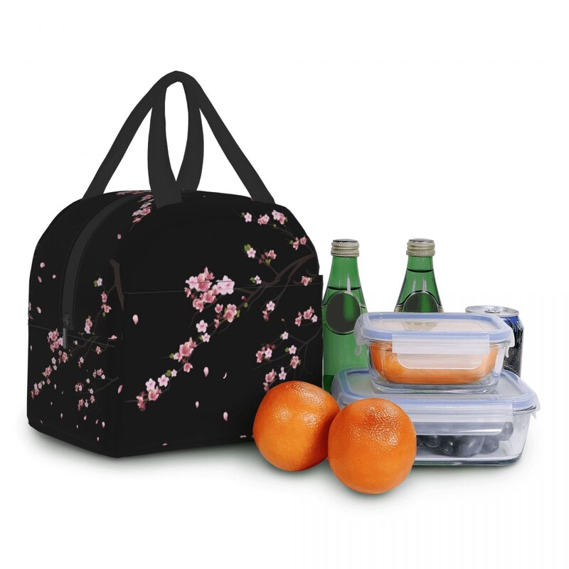 Geantă de prânz izolată cu ramuri de Sakura japoneze pentru femei, portabilă, rezistentă la apă, cu flori de cireș, cu flori de cireș, cutie termică bento
