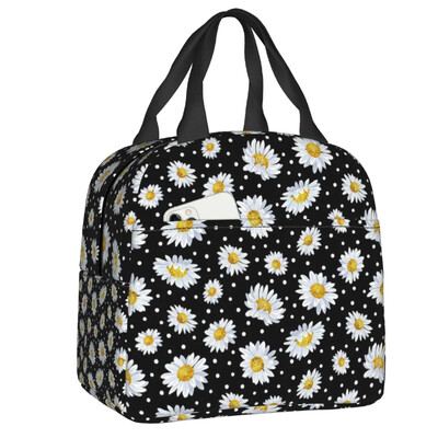 Geantă de prânz izolată cu imprimeu floral cu margarete pentru femei, cu flori de mușețel, cutie de prânz termică, cutie portabilă pentru picnic, pungi Bento pentru alimente