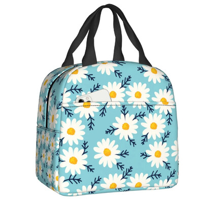 Geantă de prânz izolată cu imprimeu floral cu margarete pentru femei, cu flori de mușețel, cutie de prânz termică, cutie portabilă pentru picnic, pungi Bento pentru alimente