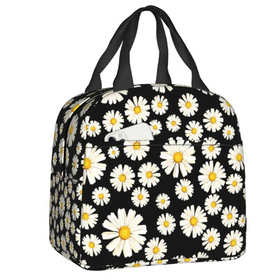 Geantă de prânz izolată cu imprimeu floral cu margarete pentru femei, cu flori de mușețel, cutie de prânz termică, cutie portabilă pentru picnic, pungi Bento pentru alimente