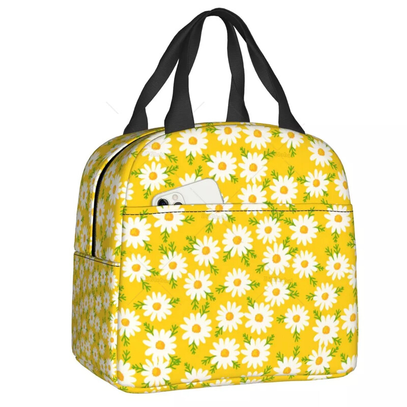 Geantă de prânz izolată cu imprimeu floral cu margarete pentru femei, cu flori de mușețel, cutie de prânz termică, cutie portabilă pentru picnic, pungi Bento pentru alimente