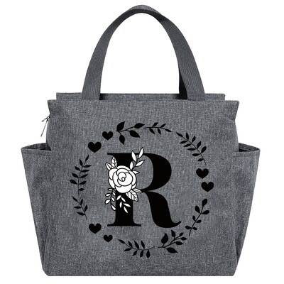Geantă de prânz Geantă termică estetică Buzunar de culoare gri Drăguț Ghirlandă dulce Seria de scrisori Tote cu imprimare Geantă pentru depozitarea alimentelor Copil convenabil