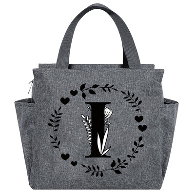 Geantă de prânz Geantă termică estetică Buzunar de culoare gri Drăguț Ghirlandă dulce Seria de scrisori Tote cu imprimare Geantă pentru depozitarea alimentelor Copil convenabil
