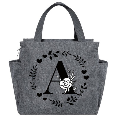 Geantă de prânz Geantă termică estetică Buzunar de culoare gri Drăguț Ghirlandă dulce Seria de scrisori Tote cu imprimare Geantă pentru depozitarea alimentelor Copil convenabil