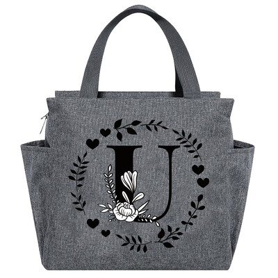 Geantă de prânz Geantă termică estetică Buzunar de culoare gri Drăguț Ghirlandă dulce Seria de scrisori Tote cu imprimare Geantă pentru depozitarea alimentelor Copil convenabil