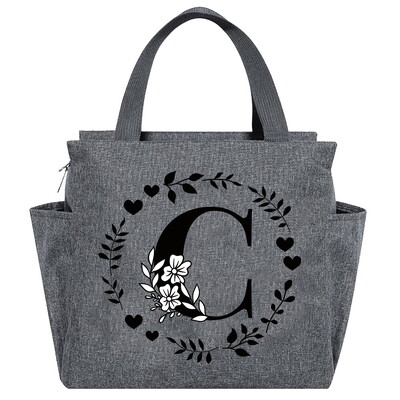 Geantă de prânz Geantă termică estetică Buzunar de culoare gri Drăguț Ghirlandă dulce Seria de scrisori Tote cu imprimare Geantă pentru depozitarea alimentelor Copil convenabil