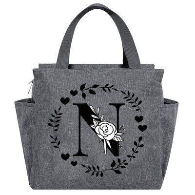 Geantă de prânz Geantă termică estetică Buzunar de culoare gri Drăguț Ghirlandă dulce Seria de scrisori Tote cu imprimare Geantă pentru depozitarea alimentelor Copil convenabil