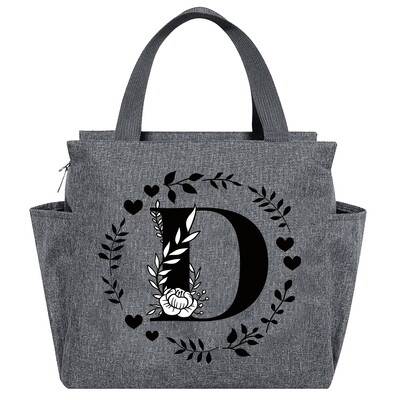 Geantă de prânz Geantă termică estetică Buzunar de culoare gri Drăguț Ghirlandă dulce Seria de scrisori Tote cu imprimare Geantă pentru depozitarea alimentelor Copil convenabil