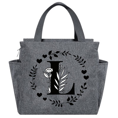 Geantă de prânz Geantă termică estetică Buzunar de culoare gri Drăguț Ghirlandă dulce Seria de scrisori Tote cu imprimare Geantă pentru depozitarea alimentelor Copil convenabil