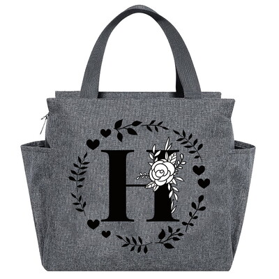 Geantă de prânz Geantă termică estetică Buzunar de culoare gri Drăguț Ghirlandă dulce Seria de scrisori Tote cu imprimare Geantă pentru depozitarea alimentelor Copil convenabil