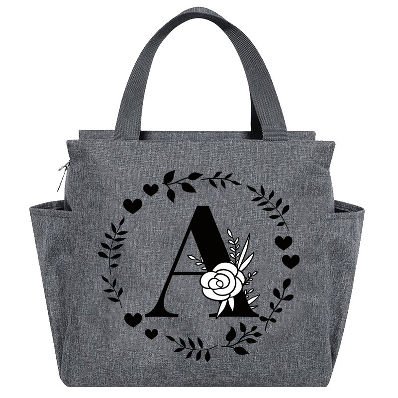 Geantă de prânz Geantă termică estetică Buzunar de culoare gri Drăguț Ghirlandă dulce Seria de scrisori Tote cu imprimare Geantă pentru depozitarea alimentelor Copil convenabil