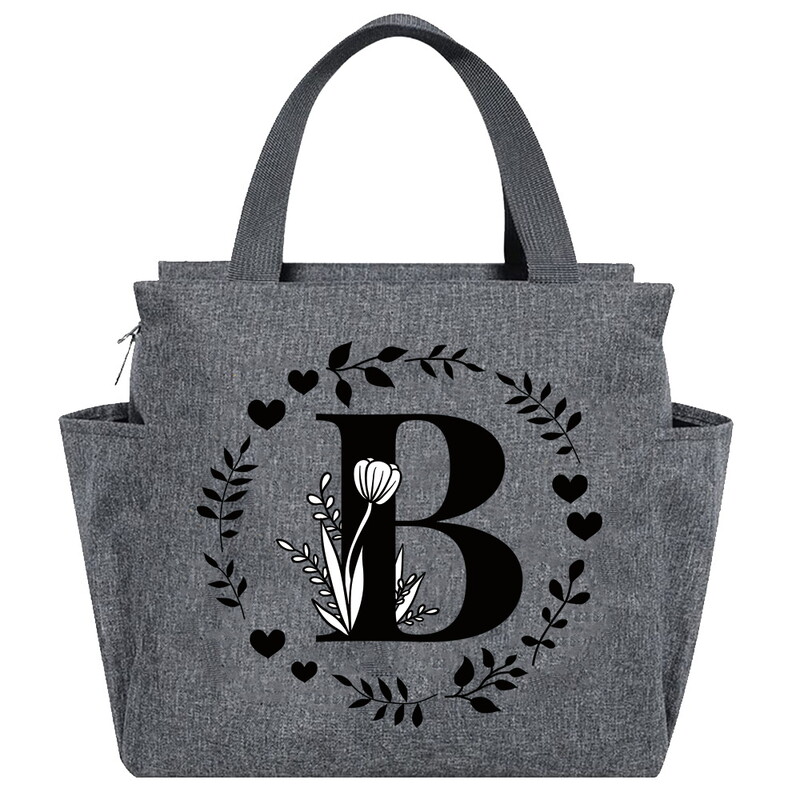 Geantă de prânz Geantă termică estetică Buzunar de culoare gri Drăguț Ghirlandă dulce Seria de scrisori Tote cu imprimare Geantă pentru depozitarea alimentelor Copil convenabil