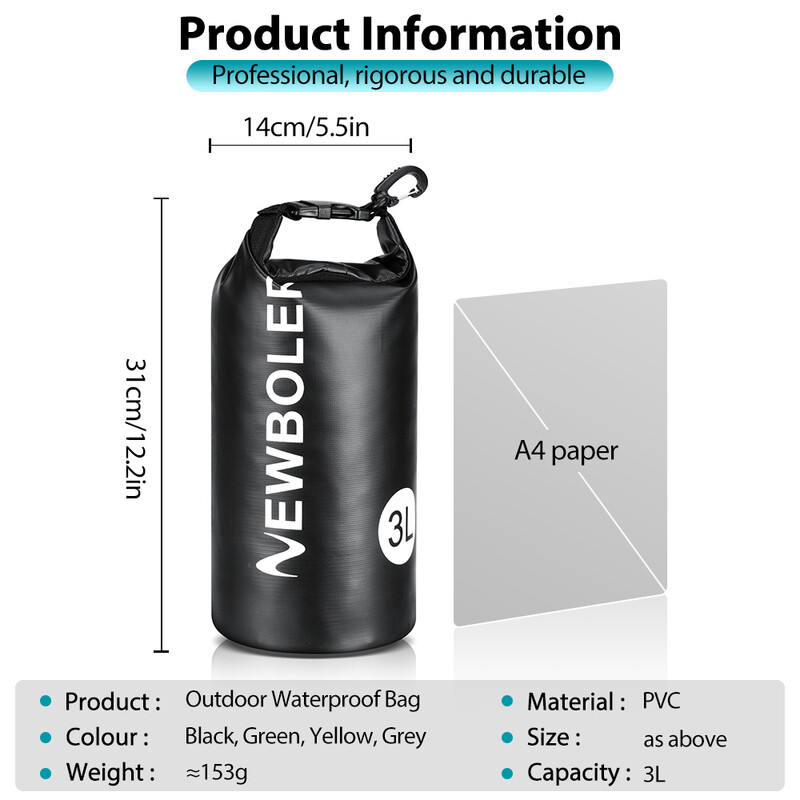 NEWBOLER 3L vandeniui atsparus sausas krepšys, skirtas stovyklavimui „Drift Trekking“ plaukimo krepšys, plaustais baidarėmis, žygiams žvejybai lauke