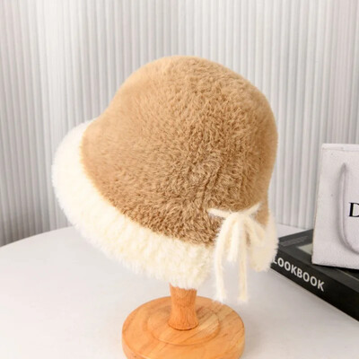 2024 Nouă pălărie coreeană cu găleată, toamnă iarnă, pălărie de pescar, elegantă cu blană artificială, cu protecție pentru urechi, pălărie cu curea, șapcă Panama