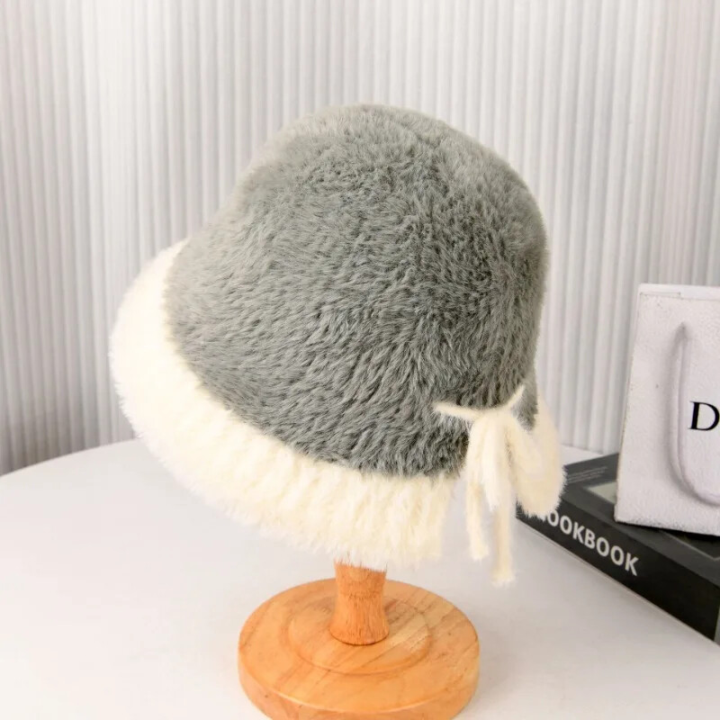 2024 Nouă pălărie coreeană cu găleată, toamnă iarnă, pălărie de pescar, elegantă cu blană artificială, cu protecție pentru urechi, pălărie cu curea, șapcă Panama