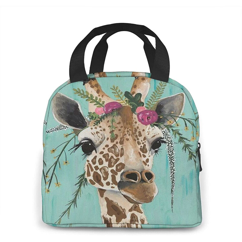 Girafă cu cască florală, cutie de prânz, reutilizabilă, izolată, cutie de prânz frigorifică, cu buzunar frontal, închidere cu fermoar, femei bărbați
