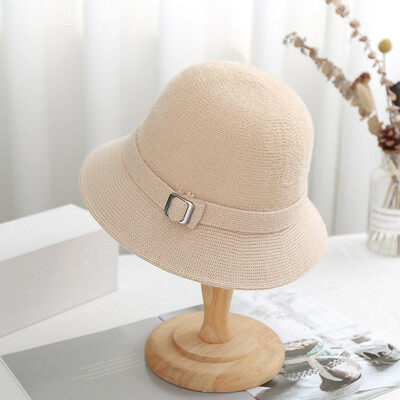 Nouă pălărie de găleată tricotată de iarnă pentru femei, îngroșată, caldă, de culoare uni, șapcă de pescar de pluș, pentru doamne, elegante, în aer liber, pălării de soare cu protecție solară