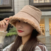 Pălărie coreeană de pluș pentru femei, iarnă, culoare solidă, fete, pescar, șapcă, femei, îngroșă, caldă, lână de miel, șapci Panama