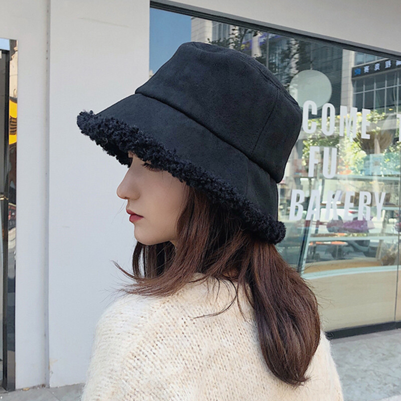 Pălărie coreeană de pluș pentru femei, iarnă, culoare solidă, fete, pescar, șapcă, femei, îngroșă, caldă, lână de miel, șapci Panama