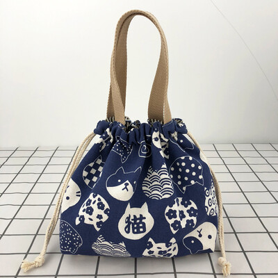 Geantă japoneză drăguță Bento Tote Genți de prânz din pânză Geantă cu șnur de desene animate cu șnur pliabil pentru două cutii de prânz