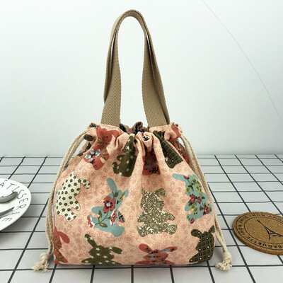 Geantă japoneză drăguță Bento Tote Genți de prânz din pânză Geantă cu șnur de desene animate cu șnur pliabil pentru două cutii de prânz