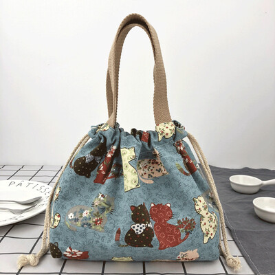 Geantă japoneză drăguță Bento Tote Genți de prânz din pânză Geantă cu șnur de desene animate cu șnur pliabil pentru două cutii de prânz