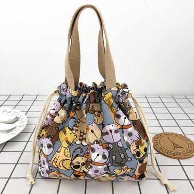 Geantă japoneză drăguță Bento Tote Genți de prânz din pânză Geantă cu șnur de desene animate cu șnur pliabil pentru două cutii de prânz