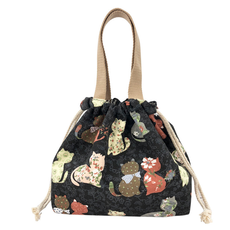 Geantă japoneză drăguță Bento Tote Genți de prânz din pânză Geantă cu șnur de desene animate cu șnur pliabil pentru două cutii de prânz