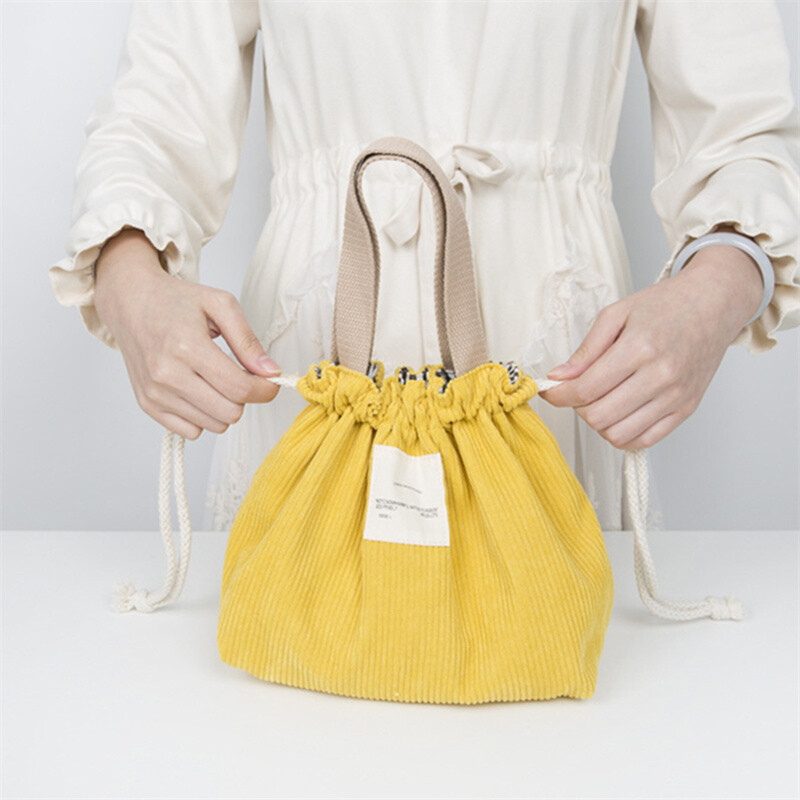 Geantă de prânz din pânză din velur Cutie de prânz cu șnur Toc de picnic din pânză din bumbac ecologic Geanta de mână mică Container pentru cină Saci de depozitare a alimentelor