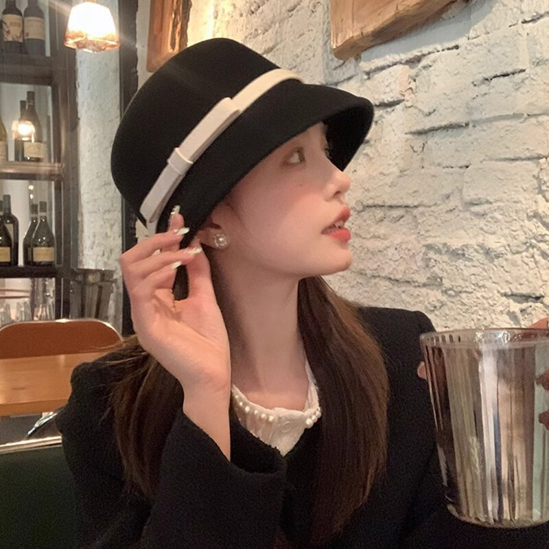 Pălărie Vintage Toamnă Iarnă cu fundă franceză Pălărie de găleată pentru femei Moda Elegantă, Dulce, Căldură Pălărie De Pâslă Cu Forma Îndoită