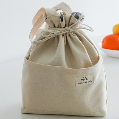 Geantă de prânz izolata din pânză cu cordon, folie de aluminiu, cutie termică Bento, genți de mână pentru birou, picnic în aer liber