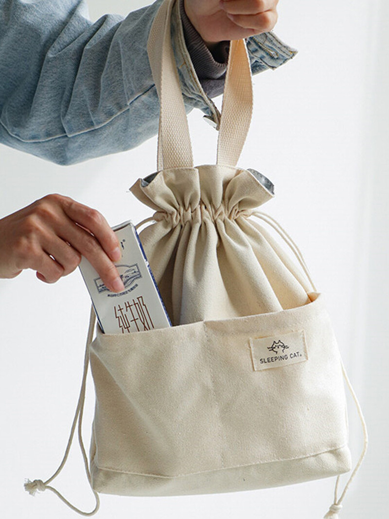 Geantă de prânz izolata din pânză cu cordon, folie de aluminiu, cutie termică Bento, genți de mână pentru birou, picnic în aer liber