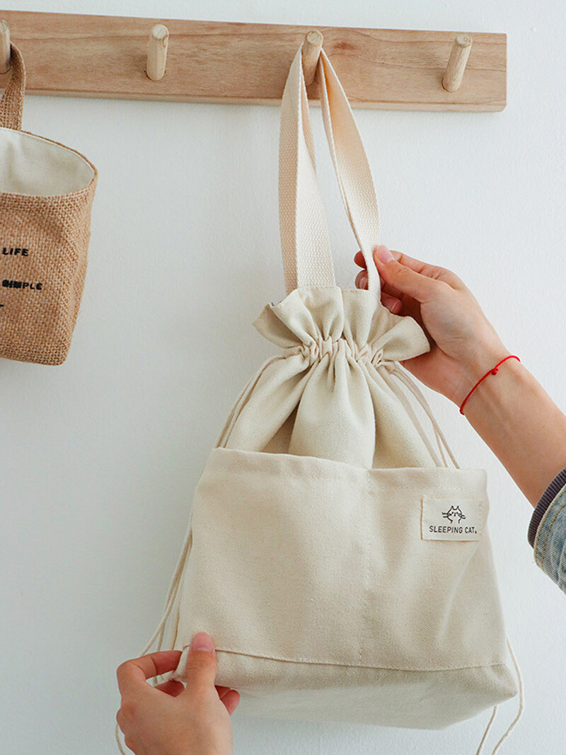 Geantă de prânz izolata din pânză cu cordon, folie de aluminiu, cutie termică Bento, genți de mână pentru birou, picnic în aer liber