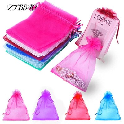 100gab Krāsains Organza aukliņu maisiņš Juvelierizstrādājumu iepakojuma maisiņi Kāzu dāvanu uzglabāšanas aukliņu maisiņi 10x12cm/10x15cm/13x18cm