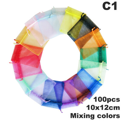 100 bucăți colorate din organza cu șnur pungi de ambalare pentru bijuterii, pungi de depozitare pentru cadouri de nuntă, pungi cu șnur 10x12cm/10x15cm/13x18cm