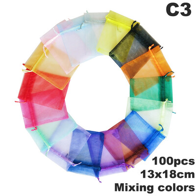 100 bucăți colorate din organza cu șnur pungi de ambalare pentru bijuterii, pungi de depozitare pentru cadouri de nuntă, pungi cu șnur 10x12cm/10x15cm/13x18cm