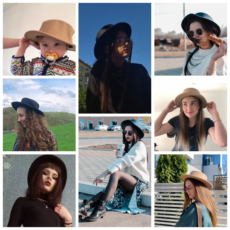 Шапки Fedoras с плосък връх за жени Едноцветна имитация на вълнена джаз шапка Елегантни британски дамски шапки с широка периферия Шапки Bowler Fedora