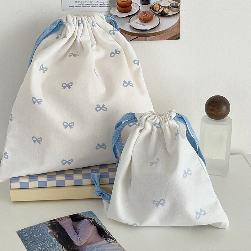 Geantă de depozitare cu șnur pentru îngrijirea pielii, cu imprimeu cu fundiță roz, drăguț