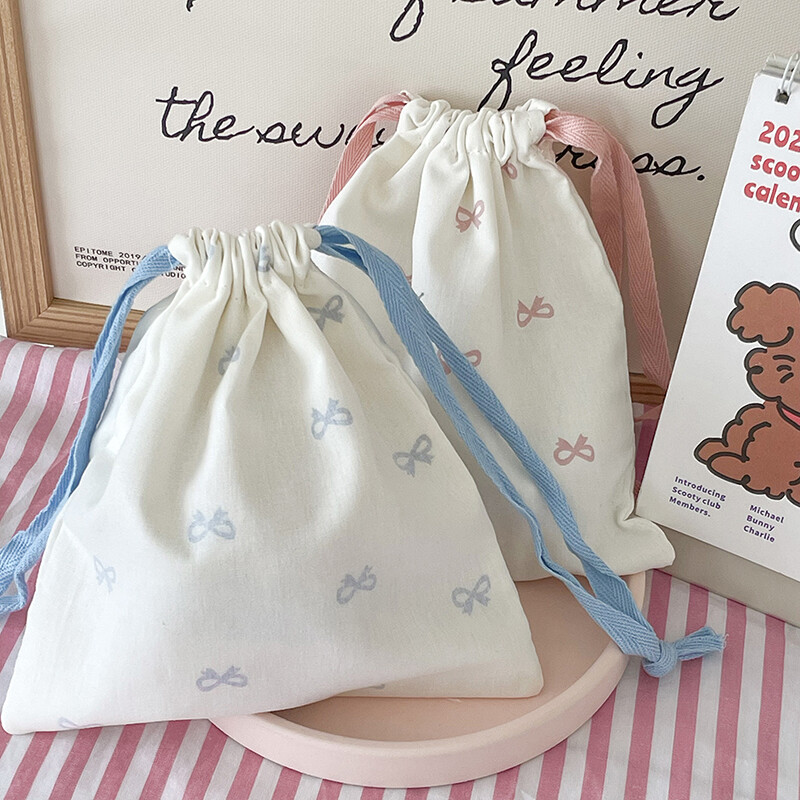 Geantă de depozitare cu șnur pentru îngrijirea pielii, cu imprimeu cu fundiță roz, drăguț