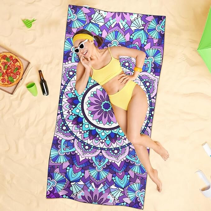 Mikropluošto paplūdimio rankšluostis, sugeriantis vonios rankšluostis, didelis Greitai džiūstantis kremas nuo saulės, skirtas suaugusiems Kelionių baseinas Purpurinių gėlių raštas