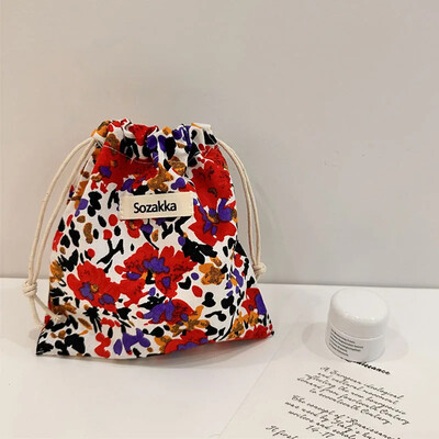 Geantă de machiaj drăguță Cadou de Crăciun Organizator de bijuterii din bumbac lenjerie florală Geantă de depozitare cu șnur pentru femei Geantă de depozitare pentru finisare