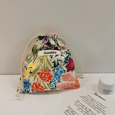 Geantă de machiaj drăguță Cadou de Crăciun Organizator de bijuterii din bumbac lenjerie florală Geantă de depozitare cu șnur pentru femei Geantă de depozitare pentru finisare