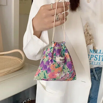 Geantă de machiaj drăguță Cadou de Crăciun Organizator de bijuterii din bumbac lenjerie florală Geantă de depozitare cu șnur pentru femei Geantă de depozitare pentru finisare