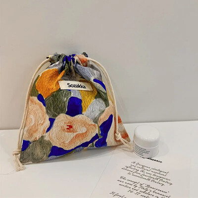 Geantă de machiaj drăguță Cadou de Crăciun Organizator de bijuterii din bumbac lenjerie florală Geantă de depozitare cu șnur pentru femei Geantă de depozitare pentru finisare