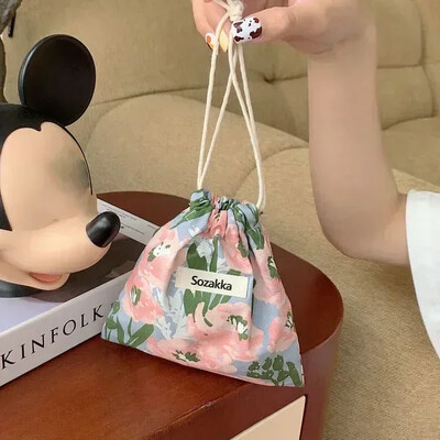 Geantă de machiaj drăguță Cadou de Crăciun Organizator de bijuterii din bumbac lenjerie florală Geantă de depozitare cu șnur pentru femei Geantă de depozitare pentru finisare